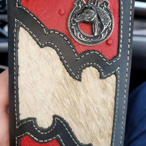 Handmade leather red and black with cowhide wallet - Picture 2 of 4